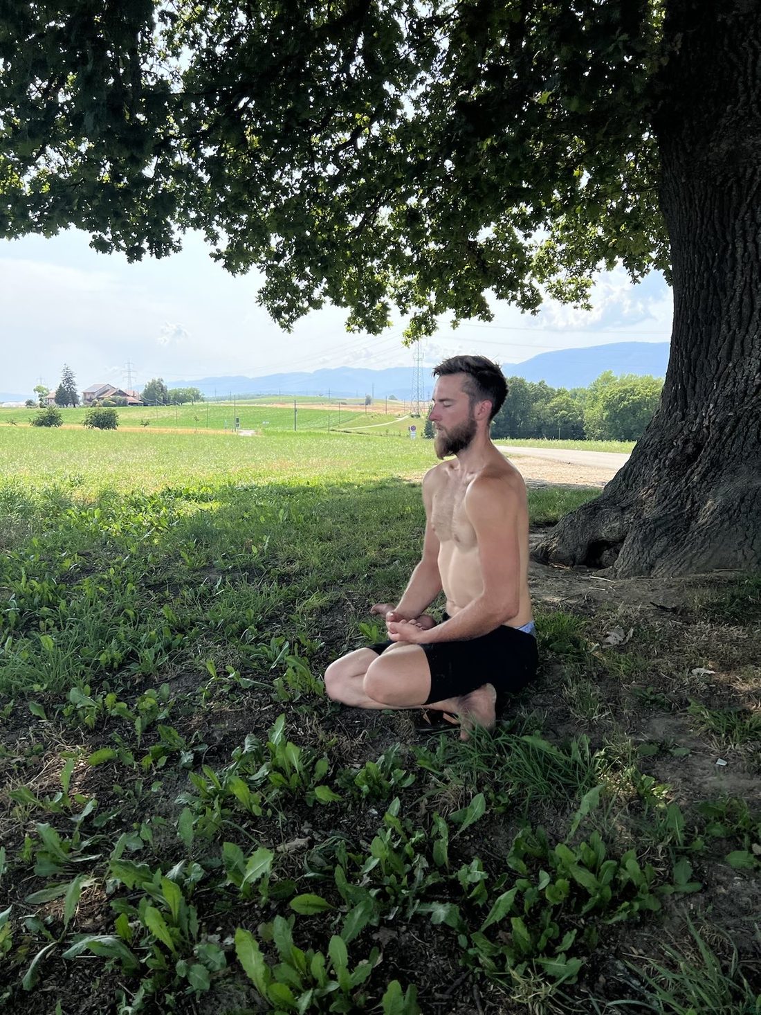 Mann meditiert unter einem Baum auf einer Wiese